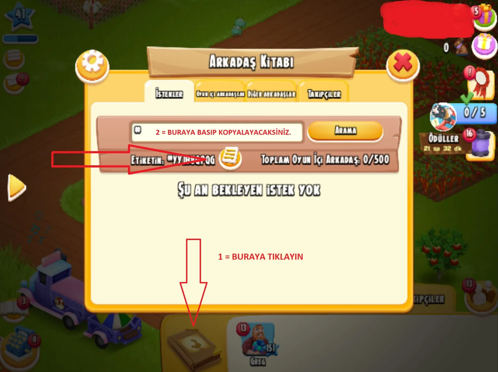 Hay Day arkadaş etiketi bulma ve kopyalama — ekran görseli