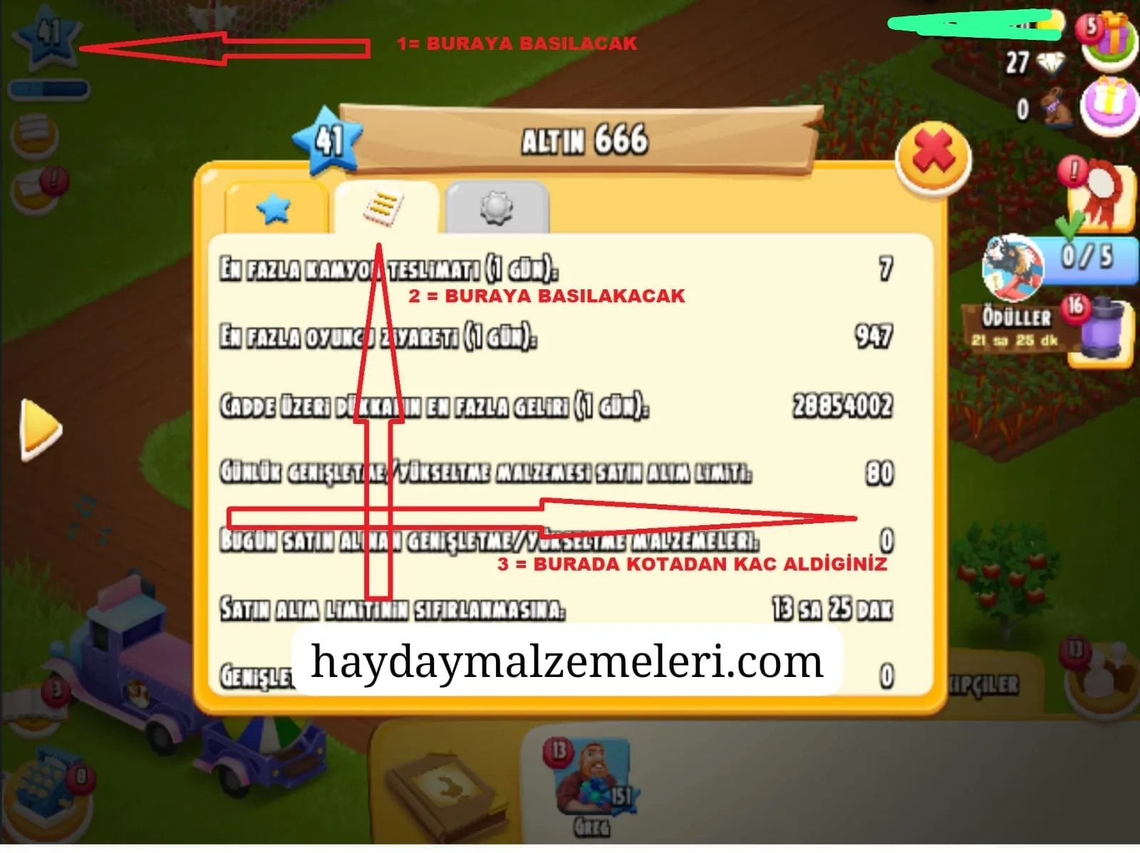 Hay Day günlük 80 malzeme kotası nasıl bakılır — ekran görseli